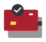 A icon with a red credit card over a grey credit card and a black circle with a check mark.